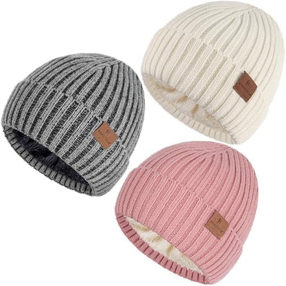 HONGTEYA 3 Pack Winter Beanie for Men Women, Thicken Thermal Plush Lined Beanie Fashion Warm Knit Hat for Cold Weather - color: Gray+white+pink