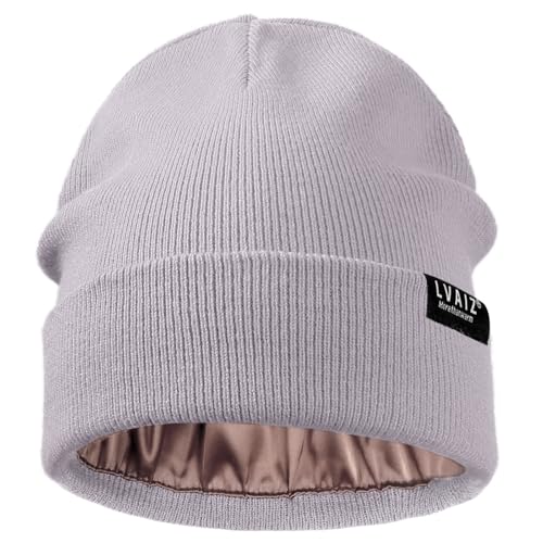 Satin Lined Winter Beanie Hats for Women Men Cotton Knitted Cuffed Knit Hat - color: Purple