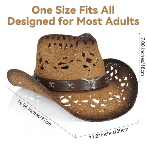WQWOVRVO Cowboy Hat,Cowgirl Hat,Straw Cowboy Hats for Women/Men Wide with Shapeable Brim - color: Brown&caramel Color