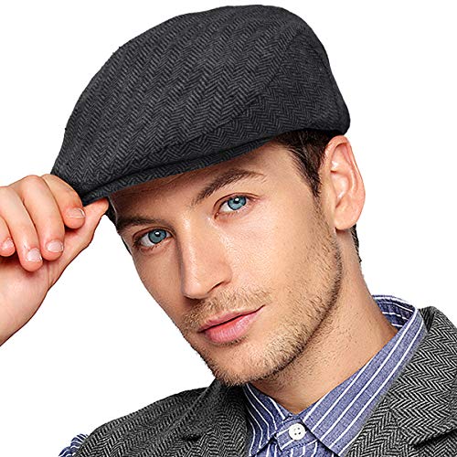 Herringbone Flat Ivy Newsboy Cap for Men 1920s Wool Blend Tweed Cabbie Hat - color: 001 Black, size: Small-Medium