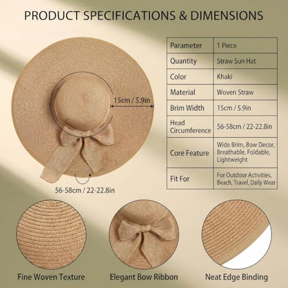 ericotry Womens Folable Floppy Hat Wide Floppy Brim Summer Beach Sun Hat Large Brimmed Garden Beach Sun Hat Big Summer Straw Cap Party Garden Travel (Khaki)