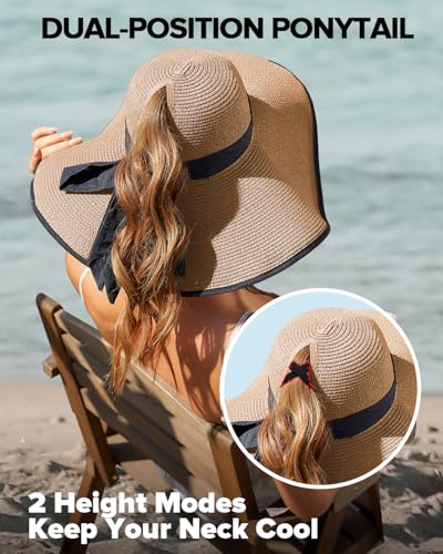 Sun Beach Hats for Women with Ponytail Hole, Floppy Wide Brim Beach Hat, Straw Summer Packable Sunhat Foldable Sun Protection - color: Khaki, size: Medium