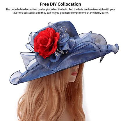 AQOKKA Women Organza Church Fascinators Kentucky Derby Hats for Women and Girls Wedding Flower Tea Party Hat with Wide Brim - color: Navy