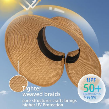 Women's Sun Visor Hats Wide Brim Straw Beach Hat Ponytail Hats for Women Foldable Floppy - color: 1pack-khaki