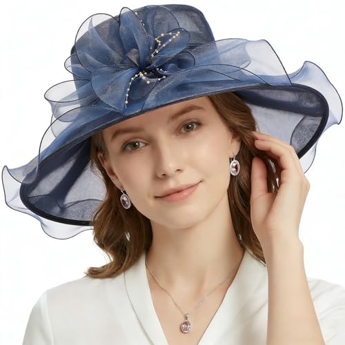 AQOKKA Women Organza Church Fascinators Kentucky Derby Hats for Women and Girls Wedding Flower Tea Party Hat with Wide Brim - color: Navy
