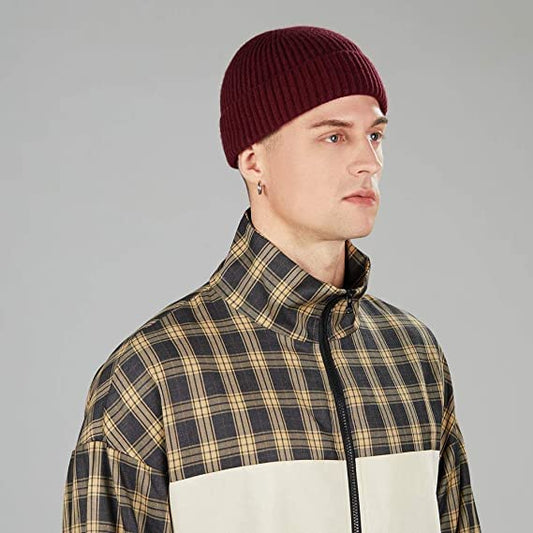 vidsel Wool Knit Cuff Short Fisherman Beanie for Men Women, Winter Warm Hat - color: Wine Red