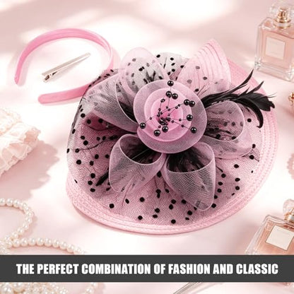DRESHOW Fascinators Hat Flower Mesh Feathers Hat with a Headband and a Clip 7.9" Tea Party Headwear for Women - color: Folded Style 2: Pink & Black / 7.9"