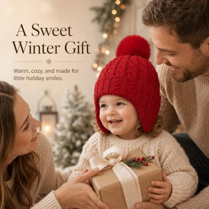 Toddler Baby Winter Hat with Earflap Kids Warm Twisted Knit Hat Infant Pom Pom Beanie Ski Cap for Baby Girls Boys - color: Red, size: 2-6 Years