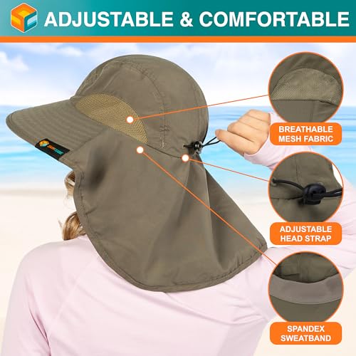 SUN CUBE Wide Brim Sun Hat with Neck Flap for Men Women, UPF50+ Fishing - color: Olive