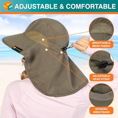 SUN CUBE Wide Brim Sun Hat with Neck Flap for Men Women, UPF50+ Fishing - color: Olive