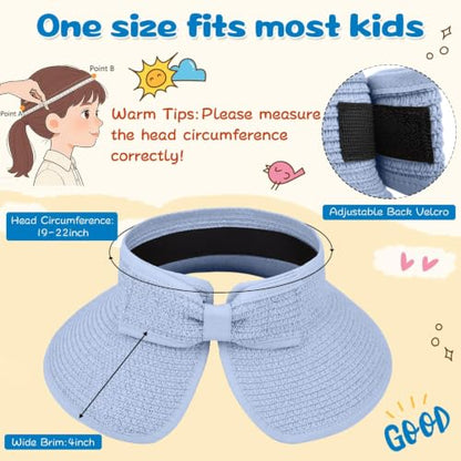 ZOORON Girls Straw Sun Visor Hat, Wide Brim Ponytail Beach Hat with Bow - color: Sky Blue