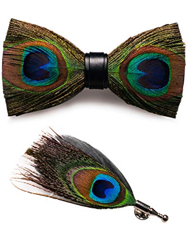 RBOCOTT Handmade Feather Pre-tied Bow tie and Brooch Sets for Men - color: Peacock Blue/Brown