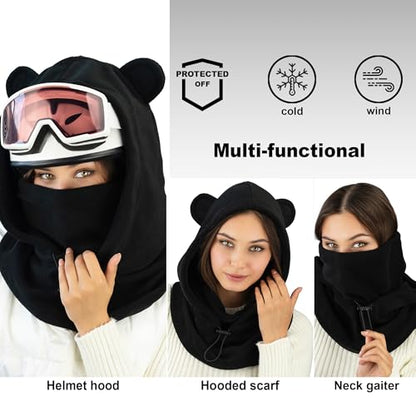 Fleece Balaclava Over Helmet - Warm Helmet Ninja Hood - Snowboard Hooded Hat Neck Gaiter Ski Mask - color: Black-earsup, size: One Size