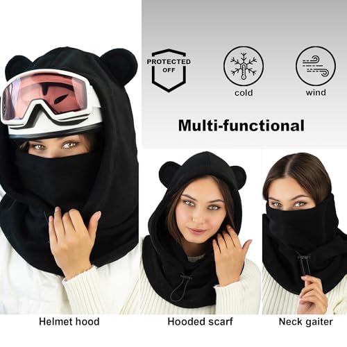 Fleece Balaclava Over Helmet - Warm Helmet Ninja Hood - Snowboard Hooded Hat Neck Gaiter Ski Mask - color: Black-earsup, size: One Size
