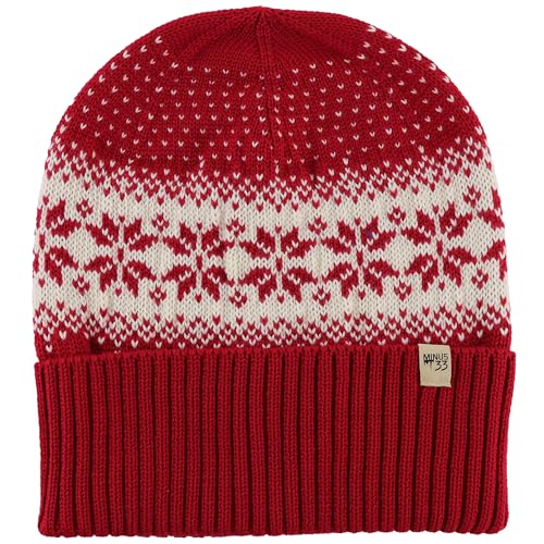 100% Merino Wool - Midweight Everyday Knit Cuff Beanie - Warm Winter Hat - color: True Red Natrual Cream Snowflake