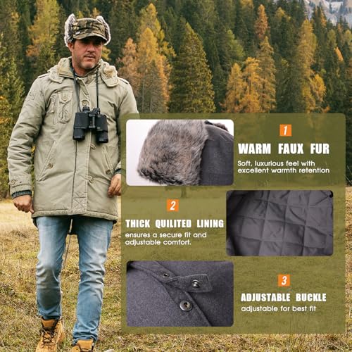 TOP-EX Oversized XL/XXL Unisex Winter Trapper Military Hat Faux Fur Earflaps Baseball Cap Quilted Lined - color: Camogreen, size: Large