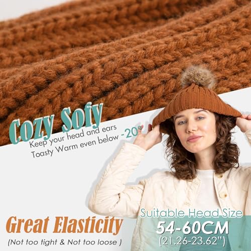FURTALK Womens Winter Beanie Hat Satin Lined Faux Fur Pom Pom Beanies Hat for Women Winter Warm Knit Hats - color: Camel