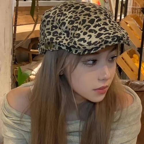Retro Leopard Beret Cap 20s-Gatsby Fashion Cows Newsboy Caps Cotton Blend Ivy Flat Cabbie Hat Medium - color: Khaki-leopard-nb