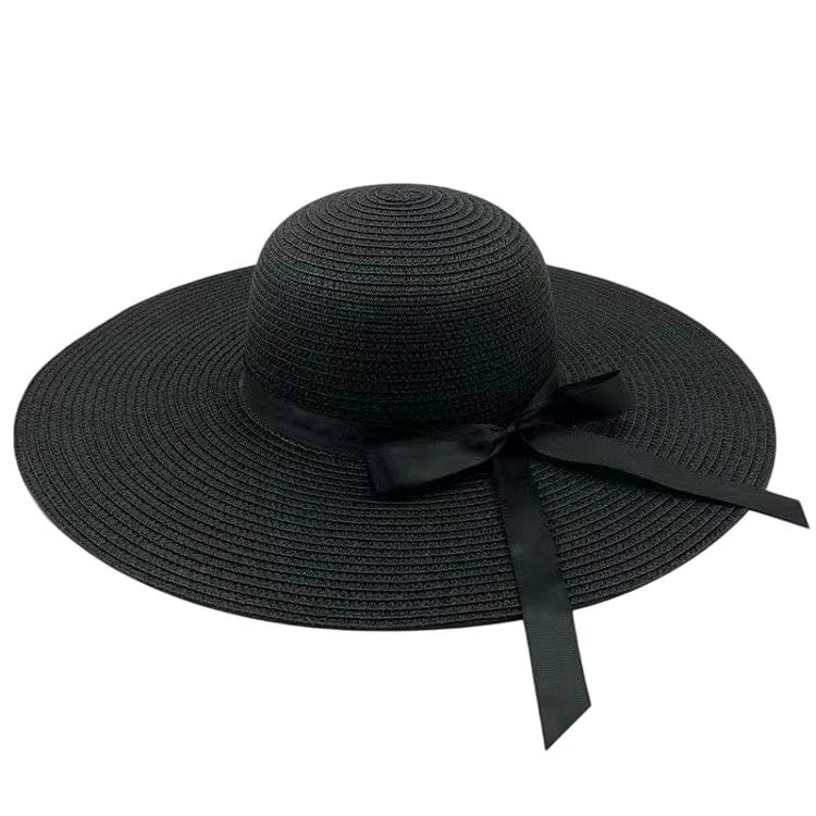 Women's Extra Wide Brim Straw Floppy Panama Sun Hat with Bow - color: Black