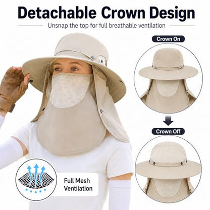 Men Women Safari Bucket Fishing Sun Hats Face Cover Neck Flap - color: Kcl015-beige