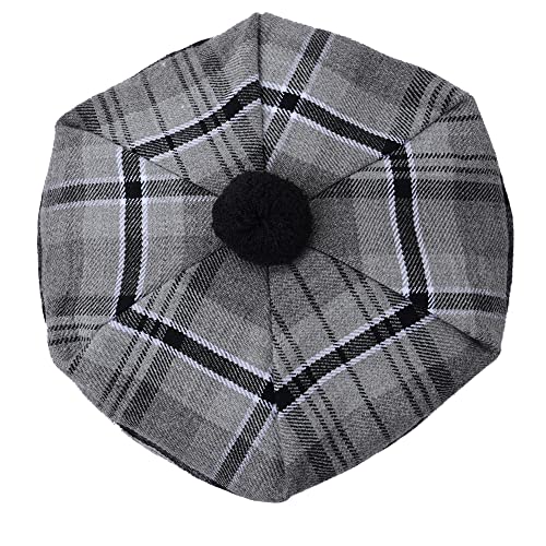 HAAUR Scottish Tammy Hat Traditional Kilt Tam o' Shatner Acrylic Wool Flat Bonnet Various Tartans with Pompom One Size - color: Hamilton Grey