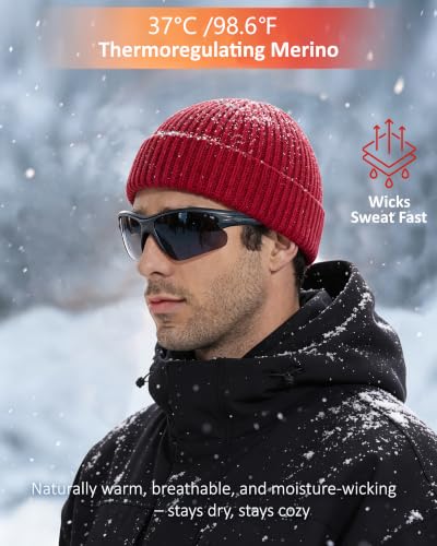 100% Merino Wool Fisherman Beanies for Men Winter Beanie Skull Cap - color: Red