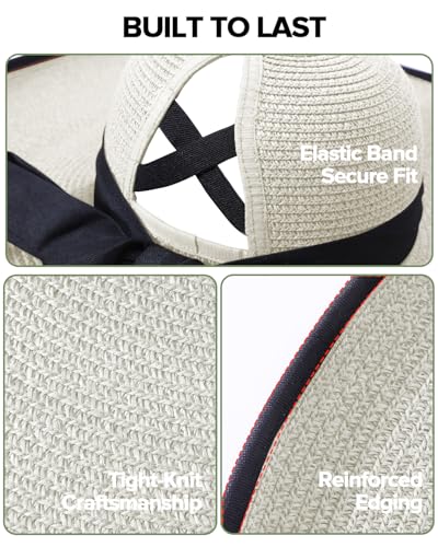 Sun Beach Hats for Women with Ponytail Hole, Floppy Wide Brim Beach Hat, Straw Summer Packable Sunhat Foldable Sun Protection - color: White, size: Large