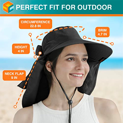 SUN CUBE Wide Brim Sun Hat with Neck Flap for Men Women, UPF50+ Fishing - color: Black With Bow