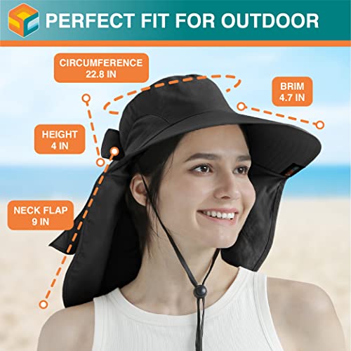 SUN CUBE Wide Brim Sun Hat with Neck Flap for Men Women, UPF50+ Fishing - color: Black With Bow