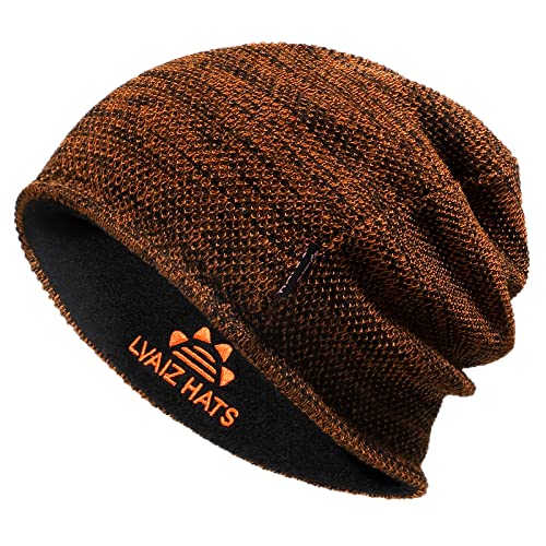 Lvaiz Winter Beanie for Men Women Warm Fleece Lined Reversible Skull Cap - color: Dark Orange+black)