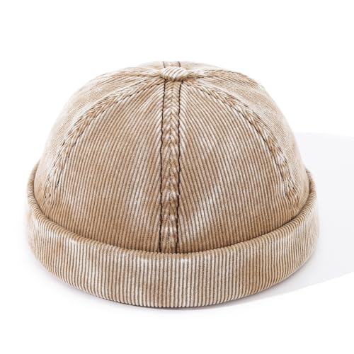 Corduroy Brimless Hats for Men Vintage Docker Hat Retro Beanie Hats Rolled Cuff Harbour Hat Sailor Cap Skullcap - color: Mg-xgm2592-khaki