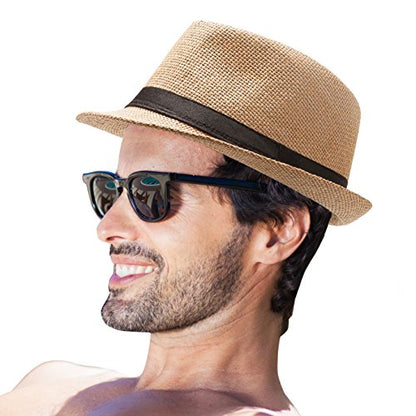 XL Straw Fedora Hats for Men Summer Trilby Beach Travel Panama Casual 7 1/2 - color: Khaki