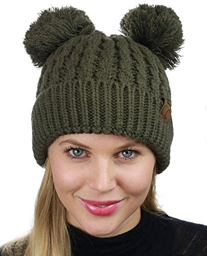 C.C 2 Ear Pom Pom Cable Knit Soft Stretch Cuff Skully Beanie Hat - color: Dark Olive