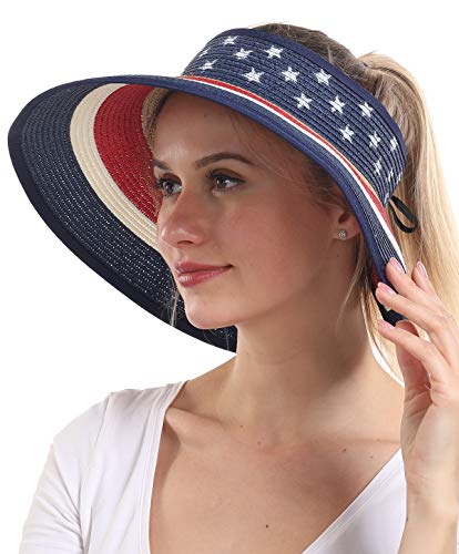 Women Sun Visors Foldable Straw Hats Summer Beach Packable Hat Floppy Wide Brim Cap Deep Style, Adjustable Size - color: American Classic