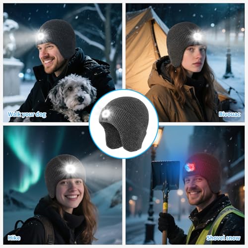LED Beanie Hat with Light, USB Rechargeable LED Headlamp Hat, Unisex Winter Hat Warm Knitted Earflap Beanie with Night Flashlight (Dark Grey) - color: Grey Adult