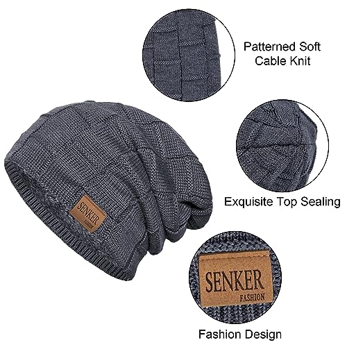 Senker Fashion 2 Pcs Winter Slouchy Beanie Hats for Men, Warm Mens Beanies - color: Dark Black + Grey