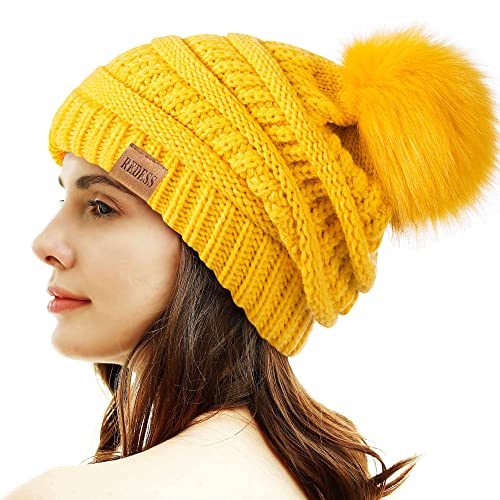 REDESS Women Winter Pom Pom Beanie Hat with Warm Fleece Lined - color: Yellow