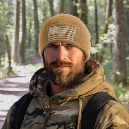 OUTDOOR SHAPING American Flag Fleece Beanie with Embroidered Patch Hat - color: Coyote Brown