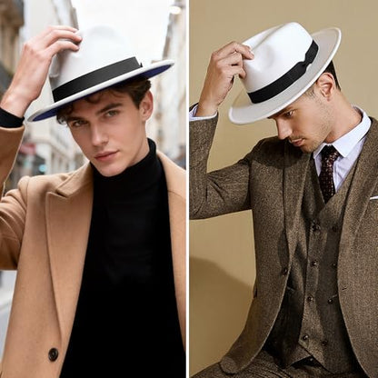 BABEYOND 1920s Fedora Hat for Men Gatsby Wide Brim Hat Felt Panama Cap - color: Bu/White-bl
