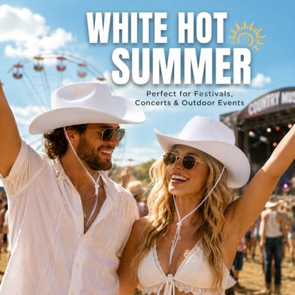 COLLECT PRESENT Plain Felt Cowboy & Cowgirl Hat for Men and Women | Western Studded Cowboy Hat in Adult Sizes - color: White