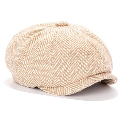 Men's Wool Newsboy Cap 8-Panel Tweed Taxi Hat Herringbone Gatsby Flat Hats - color: Khaki