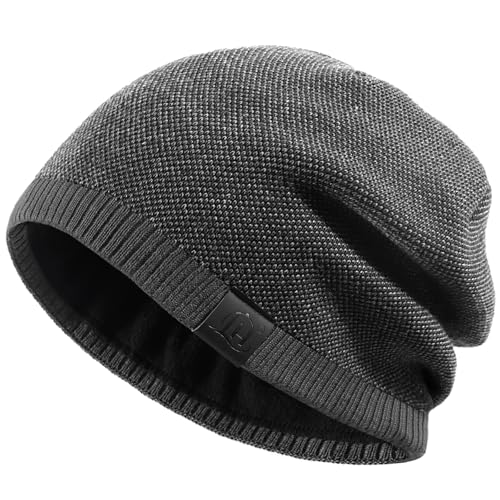 Fleece Lined Mens Beanie Scarf Set Thick Knit Winter Hat Neck Warmer Unisex - color: Grey