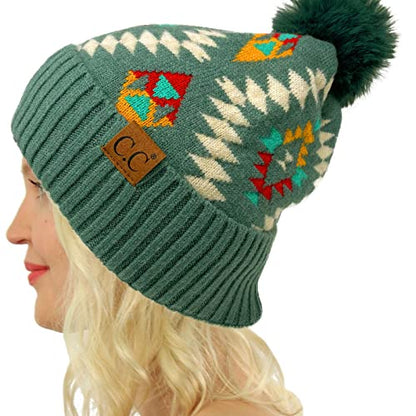 C.C Fur Pom Winter Fall Trendy Chunky Stretchy Cable Knit Beanie Hat - color: Aztec Forest Green
