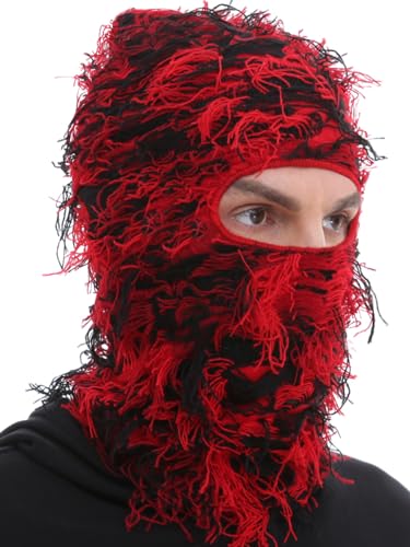 ROXUN Distressed Ski Mask Balaclava, Yeat Shiesty Fluffy Knitted Full Face - color: 01- Red Mixed