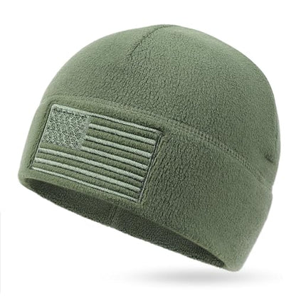 OUTDOOR SHAPING American Flag Fleece Beanie with Embroidered Patch Hat - color: Forest Green