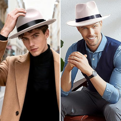 BABEYOND 1920s Fedora Hat for Men Gatsby Wide Brim Hat Felt Panama Cap - color: White