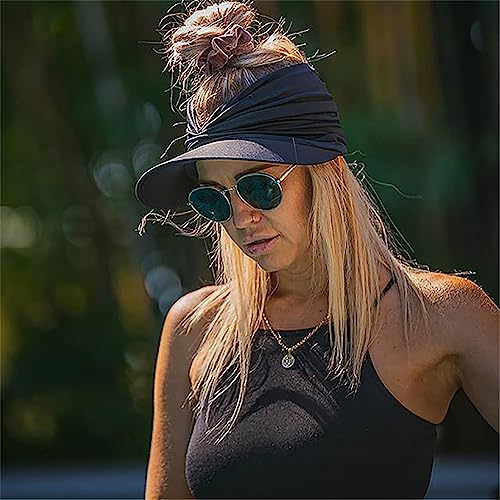 Sun Hat Women Beach Visor Cap UV Protection with Wide Brim Packable Summer Sport Ponytail Sun Cap - color: Black