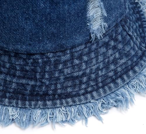 Denim Bucket Hat for Women Ripped Sun Hat Outdoor Cap - color: Dark Blue