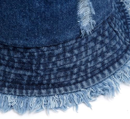 Denim Bucket Hat for Women Ripped Sun Hat Outdoor Cap - color: Dark Blue