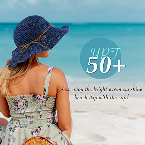 Women Sun Hat Wide Brim Floppy Beach Hat Breathable UV UPF 50+ Straw Hat Foldable Packable Summer Outdoor Cap - color: Navy Blue